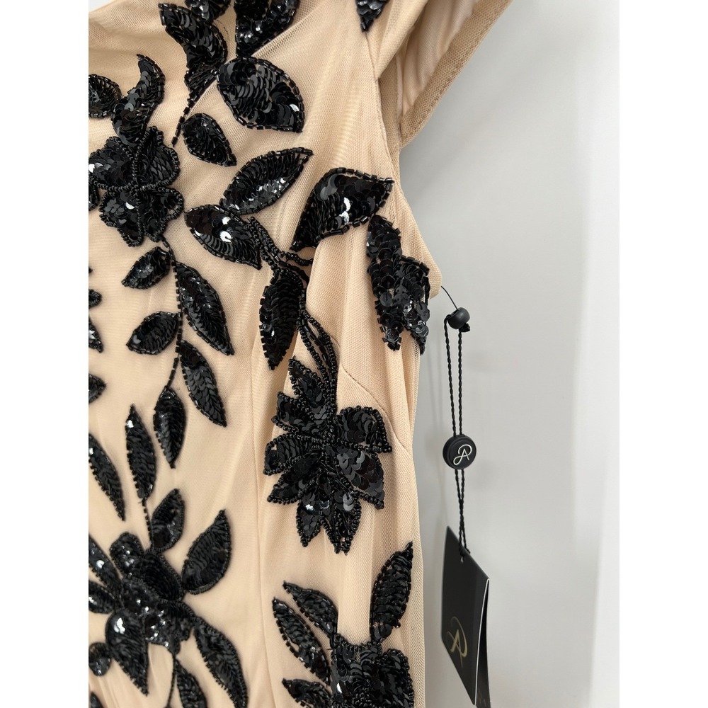 NWT Adrianna Papell Beaded Mesh Column Gown Black Nude Floral Size 6 — MSRP $329 - Picture 4 of 11